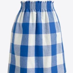 J Crew Mini Sidewalk Skirt Size 14 Blue White Check Gingham Cotton Linen Pull On